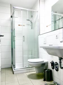 ein Bad mit einer Dusche, einem WC und einem Waschbecken in der Unterkunft Rhein Romantik riverview in Konstanz