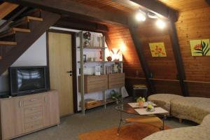 a living room with a couch and a tv at Ferienhaus Kornblume in Ronshausen +13 photos