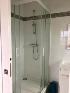 y baño con ducha y puerta de cristal. en Maison Glaz, en Gâvres