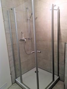 eine Dusche mit Glastür im Bad in der Unterkunft Appartement 31 - Strandkorb in Timmendorfer Strand