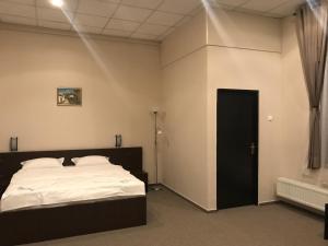 - une chambre avec un lit et une porte noire dans l'établissement Casa IDA 1896, à Galaţi