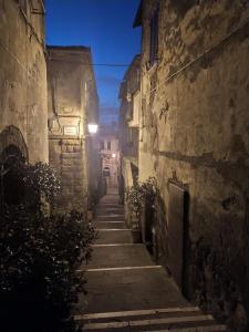 eine Gasse in einer Altstadt nachts in der Unterkunft Mozzafiato Pitigliano in Pitigliano