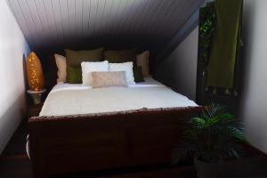 a bedroom with a bed with a purple ceiling at La KAZ KRÉOLE in Cayenne +13 photos
