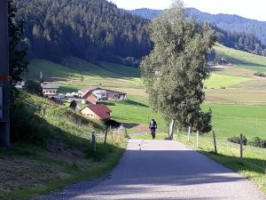 a person riding a bike down a road with a tree at Gästezimmer im Dorfzentrum in Rothenthurm