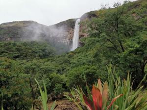 einen Wasserfall an der Seite eines Berges mit Bäumen in der Unterkunft Altamira Eco Retreat in Altamira