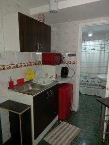 eine Küche mit einer Spüle und einem roten Kühlschrank in der Unterkunft Anyrcoy in Viña del Mar