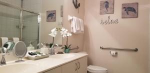 a bathroom with a sink and a toilet and a mirror at Our Naples Hideaway in Naples +19 photos