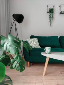 a living room with a green couch and a coffee table at Apartament Czapla nad Jeziorakiem in Iława