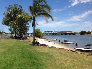 a beach with boats on the water and a palm tree at Mandarin Motel in Macksville