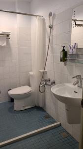 a bathroom with a shower and a toilet and a sink at Sun Fog Hotel in Yuchi