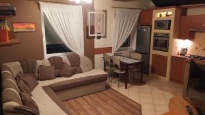 Una sala de estar con un sofá y una cocina. en Apartament na Kawiarach, en Gniezno