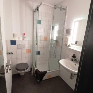 ein Bad mit einer Dusche, einem WC und einem Waschbecken in der Unterkunft Backpackers St. Pauli in Hamburg