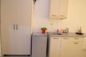 a small kitchen with a refrigerator and a sink at Mona`s apartments 1 in Sarandë