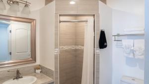 a bathroom with a shower with a sink and a mirror at Crystal Lodge Motel in Ventura +37 photos
