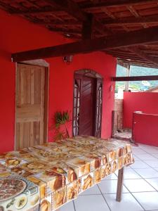 a bedroom with a bed in a red wall at Hostel Raio de Fogo in Paraty