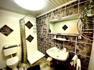 een badkamer met een wastafel, een toilet en een spiegel bij Haus Simmering in Obsteig