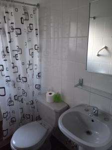 a white bathroom with a toilet and a sink at Hostal El Toque de Pilar in Punta Arenas