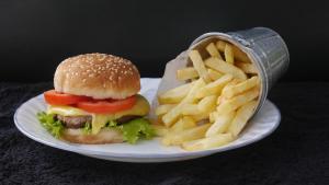 a hamburger and french fries on a white plate at Hotel Boulevard in Lima