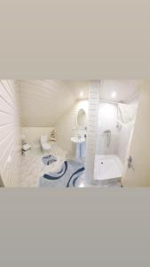 a bathroom with a tub and a toilet and a sink at Stasio Balseviciaus Homestead in Raudonė