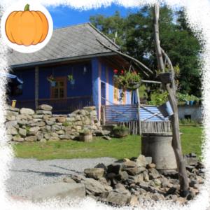 a blue house with a pumpkin in front of it at Modra Farma in Pliešovce