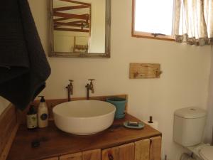 a bathroom with a bowl sink and a mirror at Mysthill Eco Cottage in Molen Drift