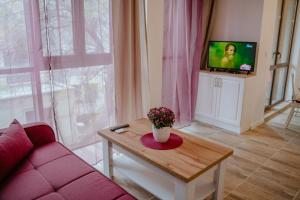 een woonkamer met een bank en een tafel met een tv bij Bella's Sea apartment-Beach, Sea garden ,Old Town, Free Parking, Free EVcharging Station in Varna