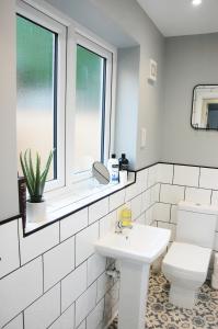 a bathroom with a toilet and a sink and a window at Bishy Road Retreat in York