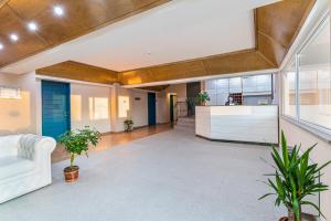 a living room with a white couch and some plants at Stejarii Resort in Ineu