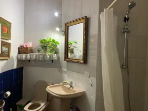 テヘーダにあるEcoartejeda CAVE HOUSEのバスルーム(洗面台、トイレ、鏡付)