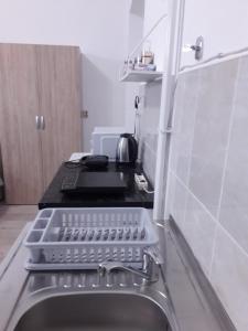 a kitchen with a sink with a dish drying rack at Studio apartman Ela in Travnik