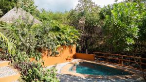 ein Swimmingpool in einem Garten mit Bäumen in der Unterkunft Cabañas Amaia in Mazunte