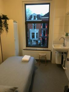 een kamer met een bed, een wastafel en een raam bij Hostel Deventer, Short Stay Deventer, hartje stad, aan de IJssel, in Deventer