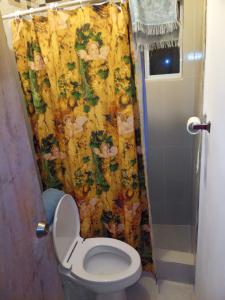 une salle de bain avec toilettes et rideau de douche dans l'établissement Mendez Guesthouse Cottage Montego Bay Villa, à Montego Bay