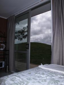 Schlafzimmer mit einem Bett und einem großen Glasfenster in der Unterkunft Waihi Gold Alpacas 1 or 2 people in Waihi
