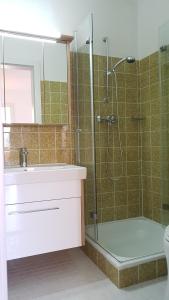 ein Bad mit einer Dusche, einem Waschbecken und einem WC in der Unterkunft Haus Reiter in Abtenau