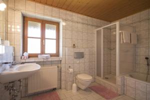 ein Bad mit einem WC, einem Waschbecken und einer Dusche in der Unterkunft Christophenhof in Oberaudorf