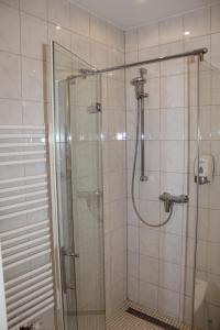 a bathroom with a shower with a glass door at Hotel Landgasthof Ratz in Rheinau