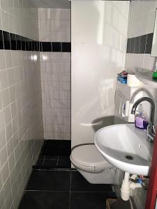 La salle de bains est pourvue de toilettes blanches et d'un lavabo. dans l'établissement Paul en Lettie's Bed and Breakfast, à Westbroek
