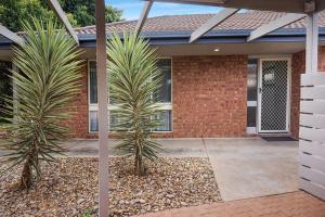 a house with two palm trees in front of it at Plantation Haven in Mildura