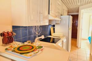 La cuisine est équipée d'un évier et d'un réfrigérateur blanc. dans l'établissement Appartement Croisière bleue à 20 m de la plage de Boucan canot pour 4 personnes, à Boucan Canot