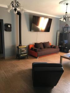 sala de estar con sofá y chimenea en Eden Apartman, en Algyő