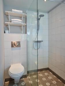 a bathroom with a toilet and a glass shower at Cottage Duinroos - Dune Rose in Oostvoorne +27 photos
