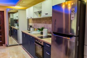 cocina con armarios azules y nevera de acero inoxidable en Apartament Eric, Busteni en Buşteni