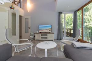 uma sala de estar com um sofá e uma televisão em Villa Waldesruh em Kühlungsborn