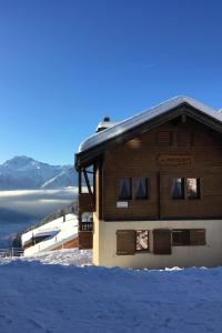 a building in the snow with a lake in the background at Apartment Almenrausch Andreas by Interhome in Riederalp