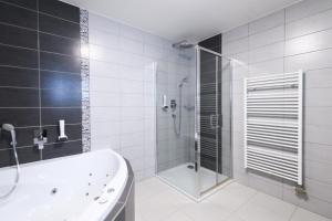 a bathroom with a shower and a tub and a sink at Vinařství U Kapličky in Zaječí