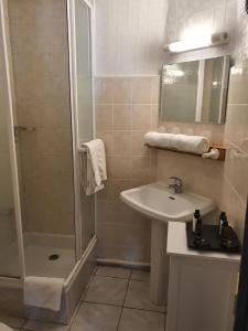 a bathroom with a sink and a shower at Hotel L'envie des mets in Lus-la-Croix-Haute