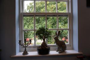 a window sill with two statues of cats and a plant at The Tickled Trout Inn Bilton-in-Ainsty in York