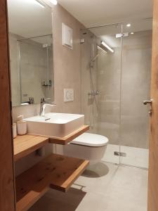 een badkamer met een toilet, een wastafel en een douche bij Britannia - Apartment Patagonia in Saas-Fee
