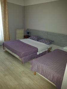 HOTEL SYLVABELLE في مارسيليا: سريرين في غرفة نوم مع ملاءات أرجوانية
